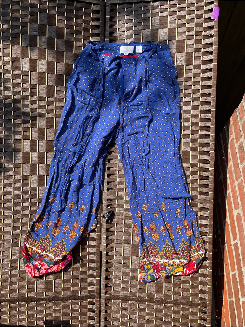 Anthropologie Navy Blue Wide-Leg Pants with Floral Border - Picture 4 of 7